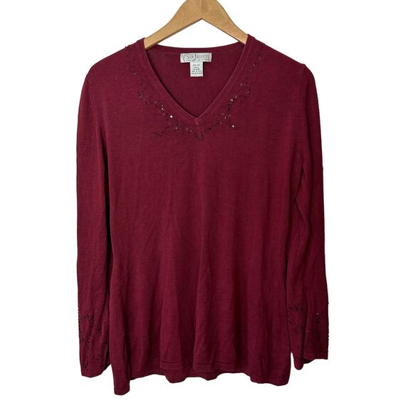 Diane Von Furstenberg Silk‎ Assets Red Knit Top Beaded Sequins V Neck Pullover L - Picture 1 of 6
